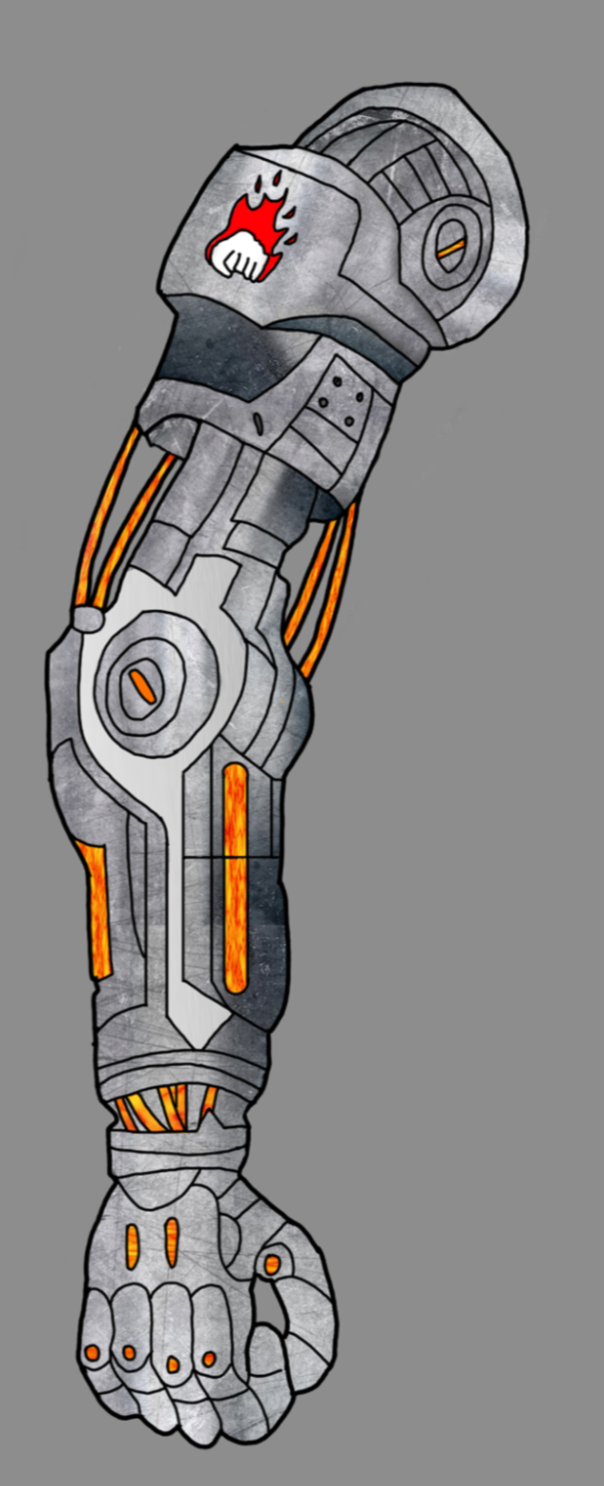 The same arm after the texture pass — brushed steel across every plate, and the power lines warmed through.