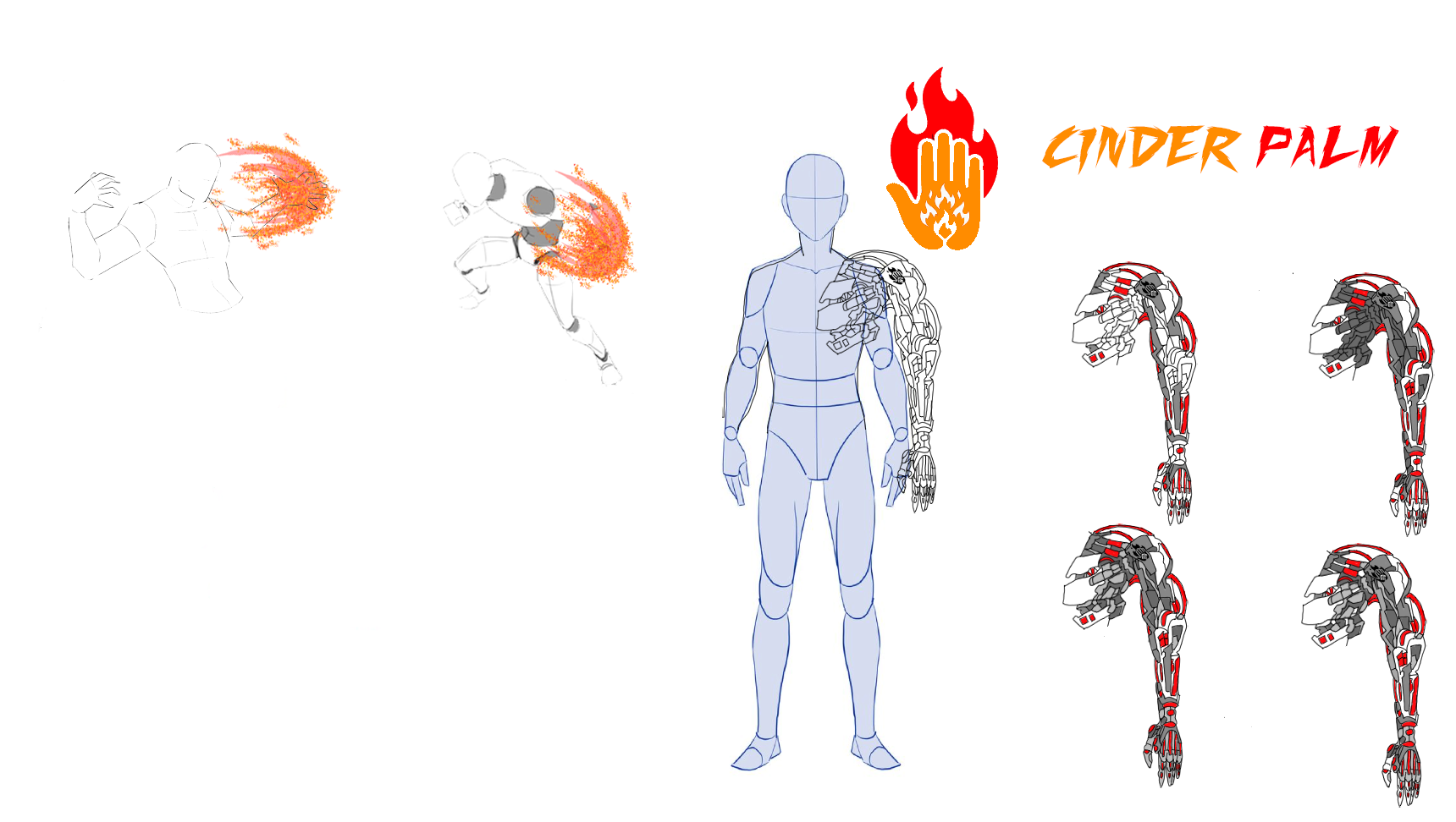 Cinder Palm — a shoulder-mounted arm (the mount is the hard part of the drawing) in four colourways, plus two fire-blast studies.