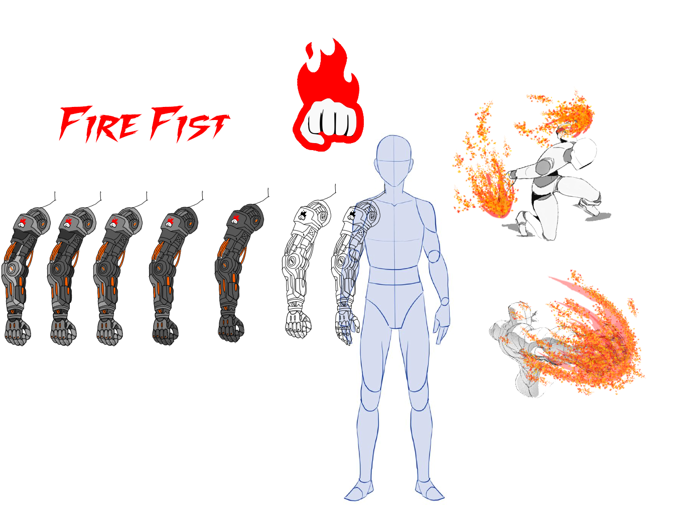 Fire Fist — worked from line art to a finished palette across seven arms, then thrown: two fire-punch studies.