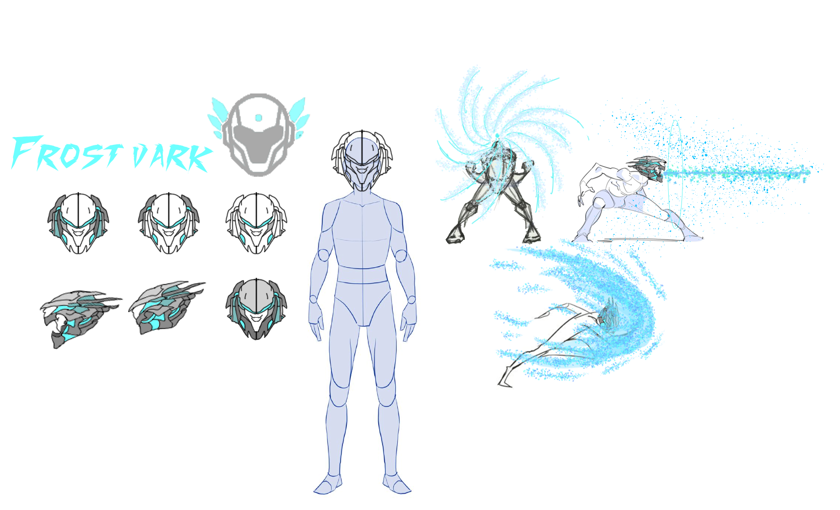 Frost Dark — a helmet in six colourways, front and side, then three frost attacks: a spiral, a beam and a sweep.