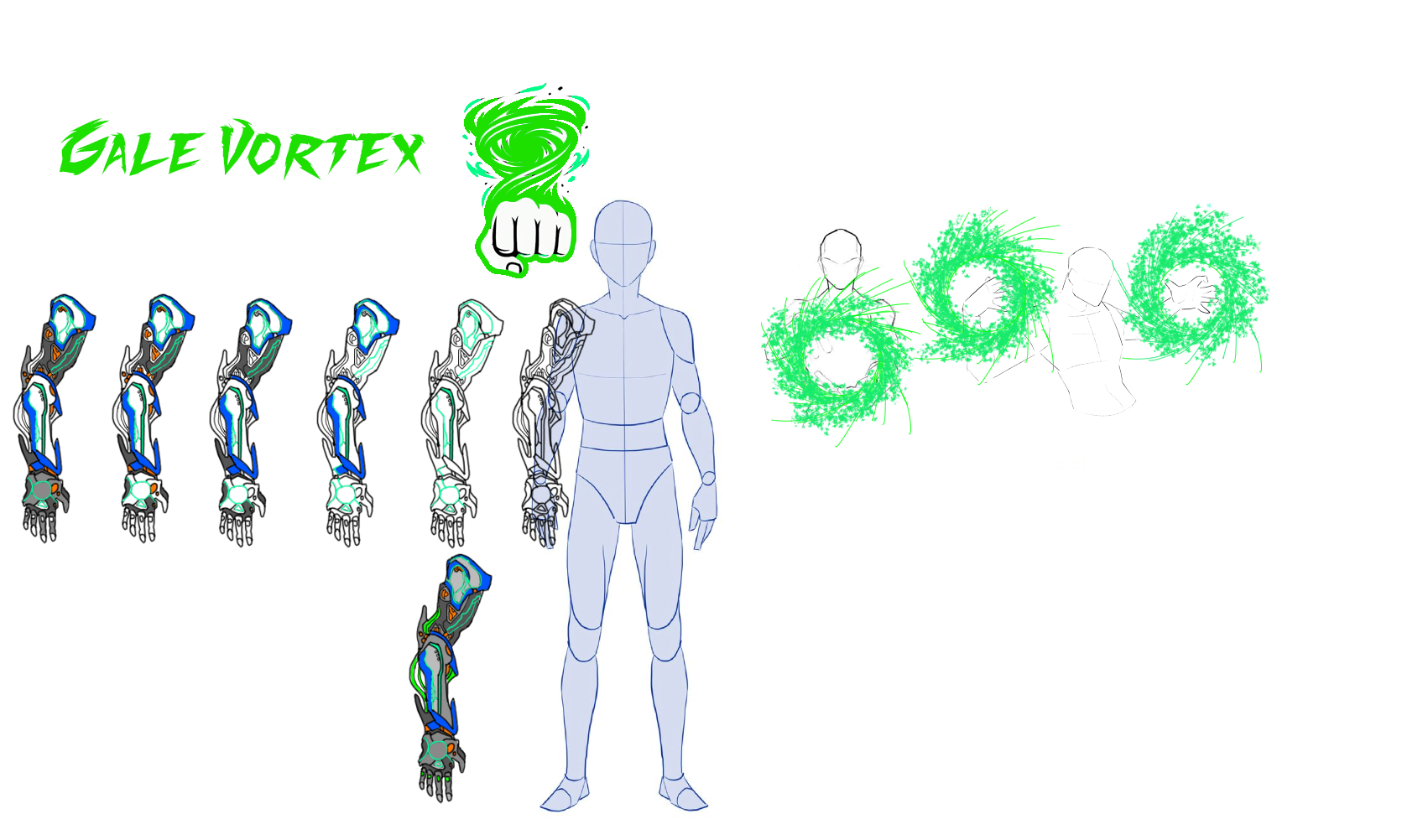 Gale Vortex — the widest colour range in the set, seven arms in all, and three studies of the wind rings it throws.