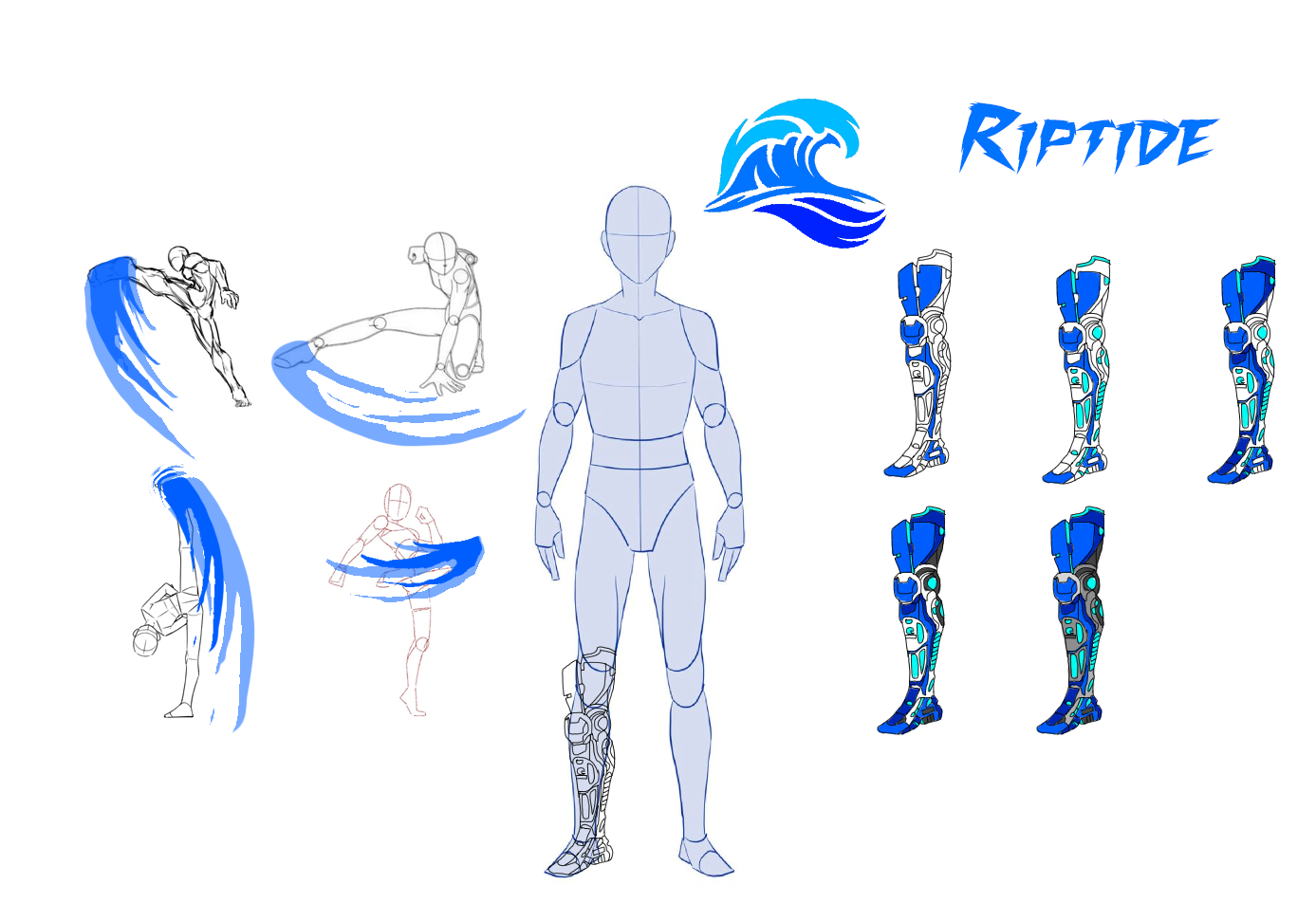 Riptide — the only leg in the series: five colourways, its placement on the body, and four kicks trailing water.