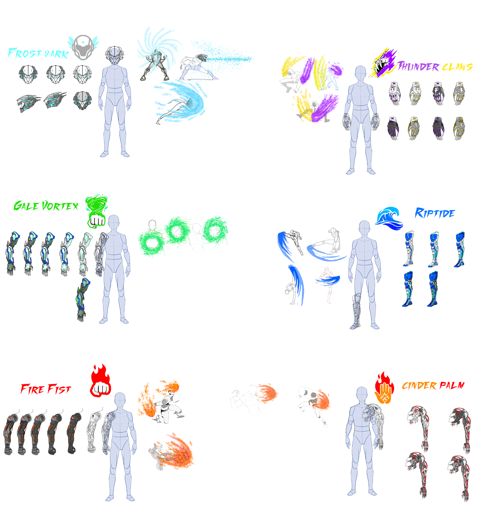 The whole series on one sheet: Frost Dark, Thunder Claws, Gale Vortex, Riptide, Fire Fist and Cinder Palm.