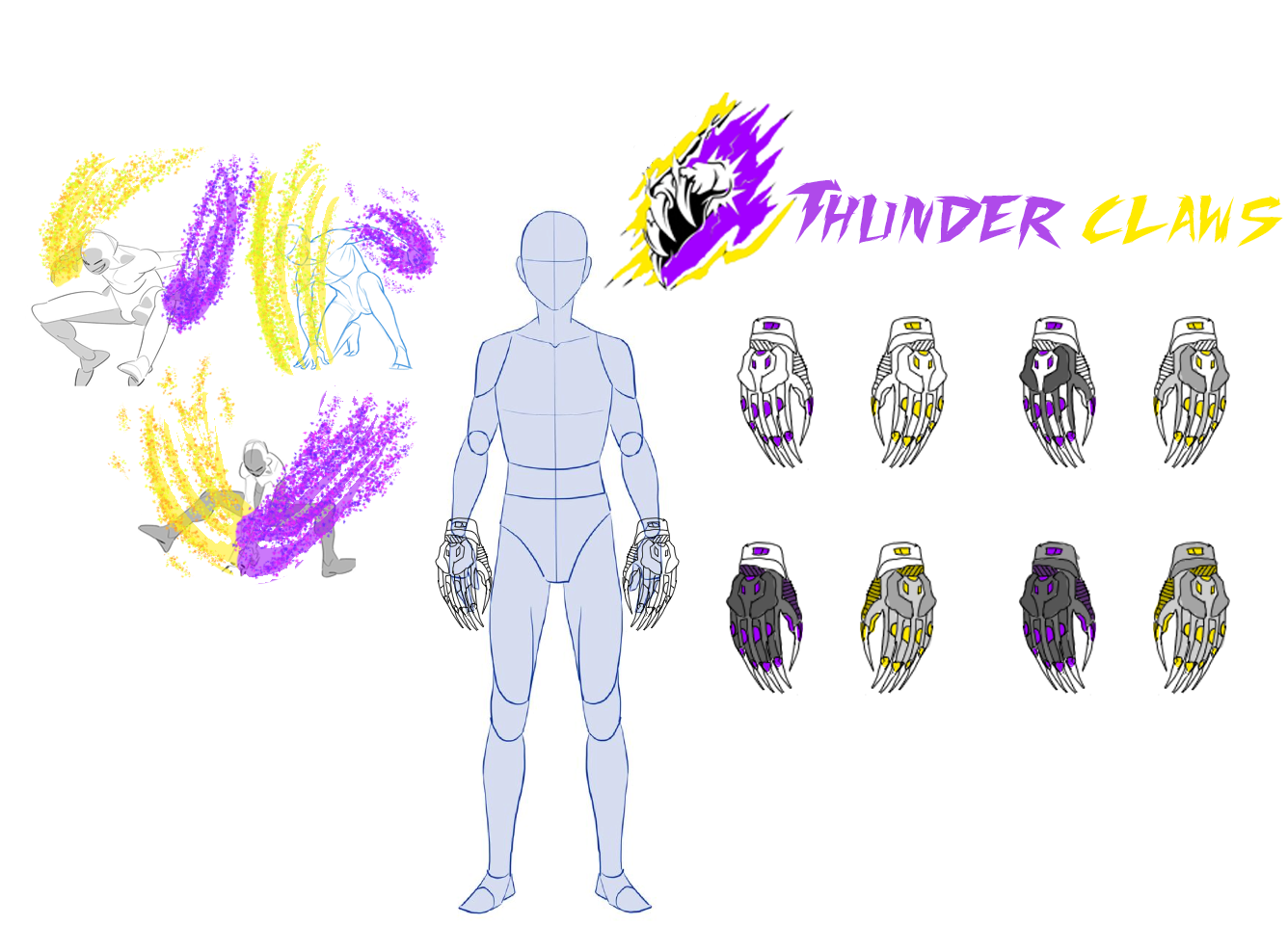Thunder Claws — eight colourways, the placement study, and three lightning-claw strikes in the series' purple and yellow.