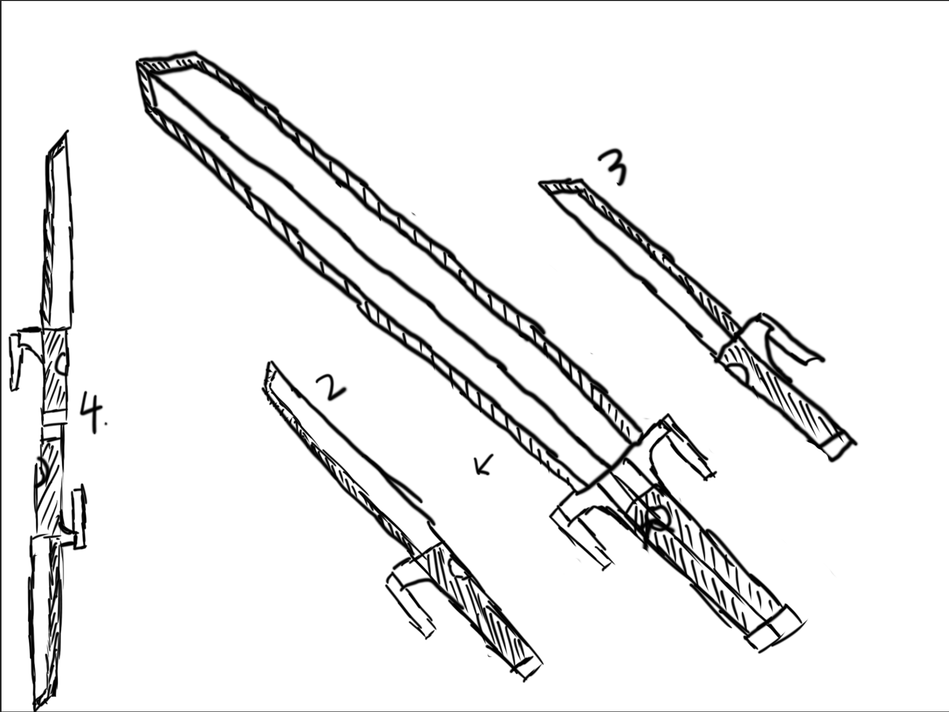 Concepts for a transformable sword, numbered for comparison.
