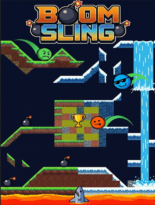 Boom Sling cover art: the logo over a vertical arena of platforms, bombs, a waterfall and lava — click to play in your browser