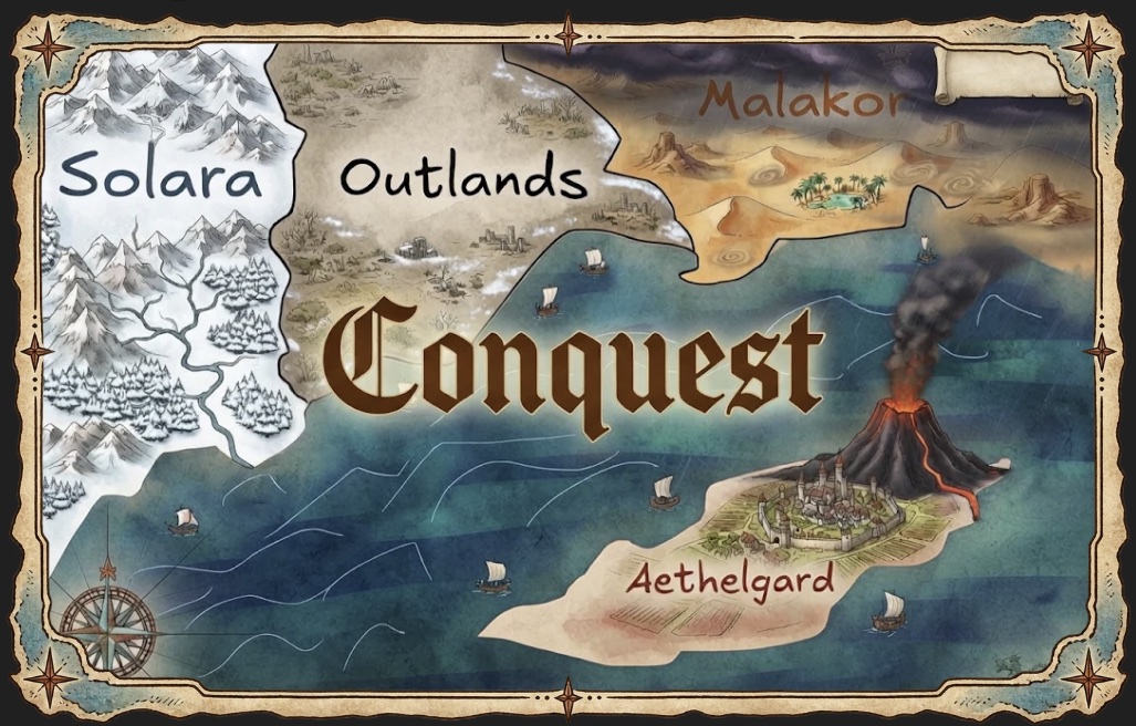 Conquest title art: the name over an illustrated map of Solara, the Outlands, Malakor and the island of Aethelgard