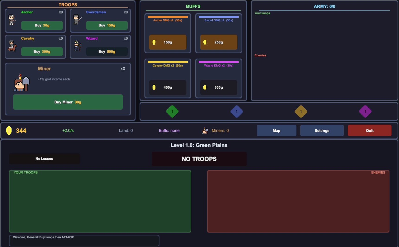 The opening screen: troops to buy, timed buffs, the army roster and the battle log, before the first attack.