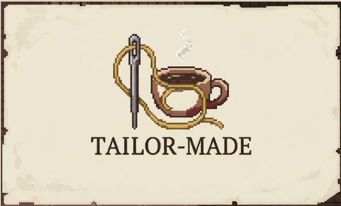 Tailor-Made title card: a needle and gold thread looped through a steaming cup of coffee, on parchment
