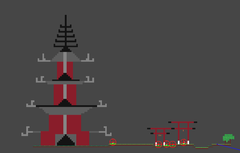 The tower level in the Unity editor: a red pagoda of several floors beyond a row of torii gates