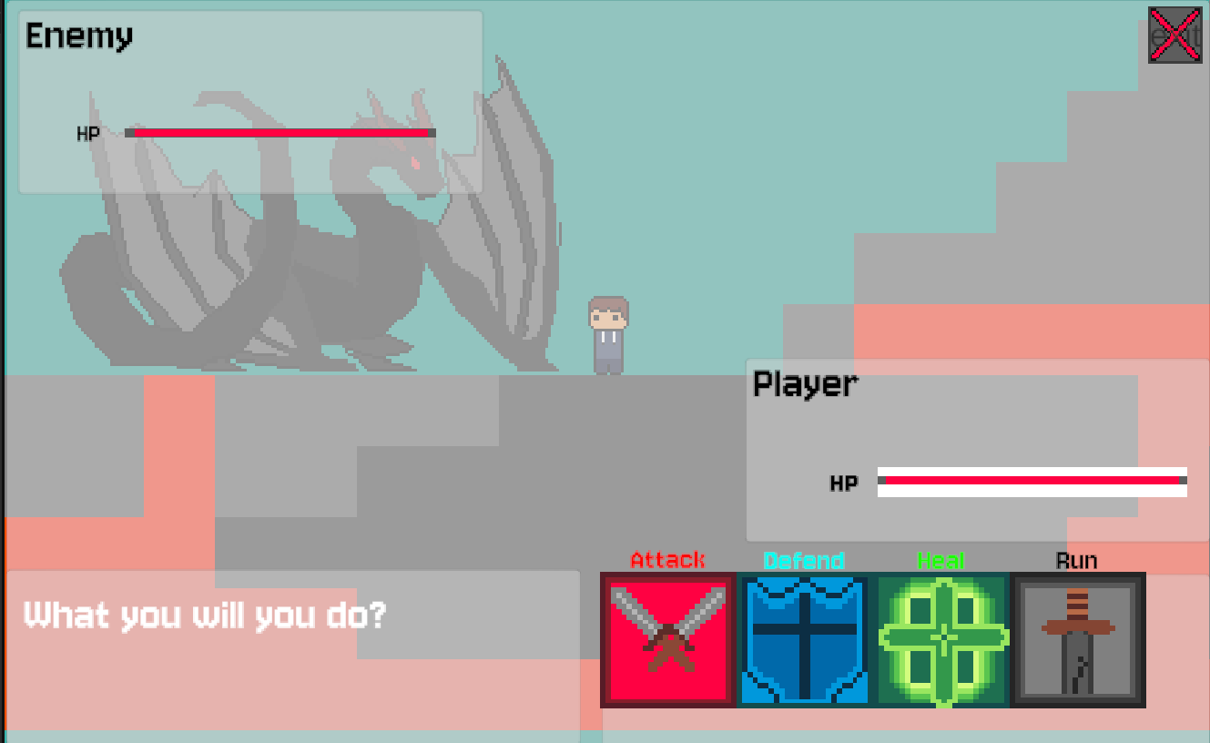 The final battle: the player faces the dragon, with Attack, Defend, Heal and Run