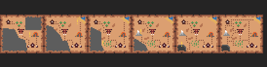 The world map at six stages, from mostly empty to fully laid out.