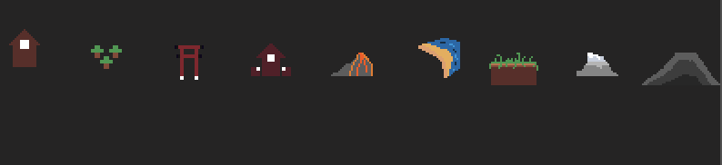 The icons the world map is built from: houses, trees, a torii gate, a temple, a volcano and mountains.