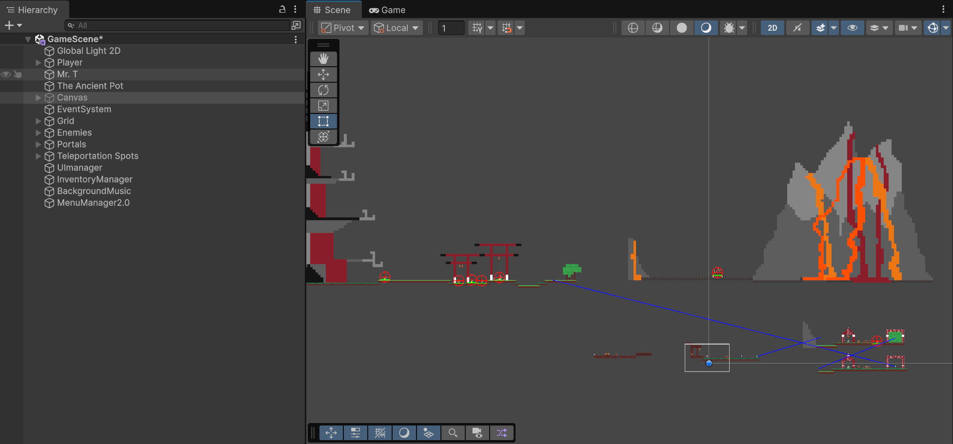 The Unity scene: player, enemies, portals, teleport points, inventory and UI managers, all hand-built.